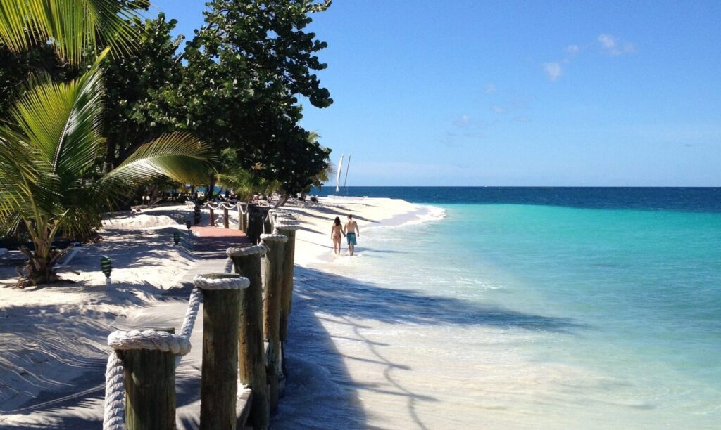 White sand beach and palm trees on Palm Island
